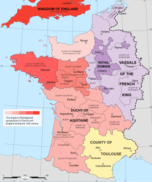 Coloured map showing the Kingdom of France and the lower bits of England. England and much of France are shaded red to signify Angevin dominion; also shown are the non-Angevin parts of France in purple and the County of Toulouse in southeastern France in yellow.