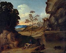 Paisaje al atardecer con San Roque, San Jorge y San Antonio (Il Tramonto) - Óleo sobre lienzo, 73,3 x 91,5 cm, National Gallery, Londres.