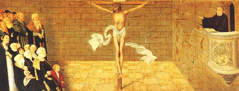 Prédelle, recto : prédication et crucifix