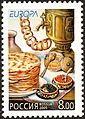 Russian stamp with blini and other stereotypes of Russian cuisine