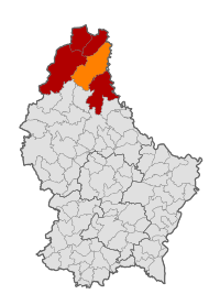 Map of Luxembourg with Clervaux highlighted in orange, and the canton in dark red