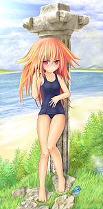 A manga-like character in a school swimsuit  