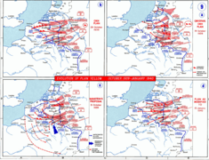 Kartskisse over utviklingen av den tyske angrepsplanen, «Fall Gelb» (plan gul), oktober 1939 - januar 1940.