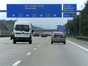 An autobahn with 4 lanes in each direction of travel for 21 km (13 mi). The section between Zeppelinheim and Darmstadt is the oldest Autobahn.
