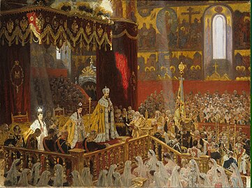 Коронация Николая II в Успенском соборе Кремля 14 (26) мая 1896 года (правее императора находится Государственное знамя). Картина Лаурица Туксена