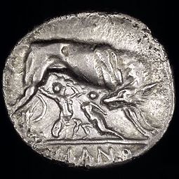 Monedă romană de argint cu Romulus și Remus, circa 269-266 î.Hr.