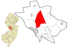 Location of Lawrence Township in Mercer County highlighted in red (right). Inset map: Location of Mercer County in New Jersey highlighted in orange (left).