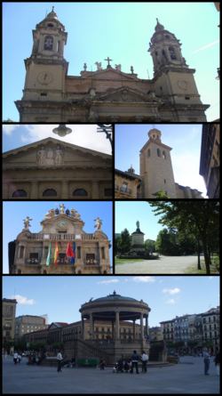 Top:Cathedral of Royal Saint Mary, 2nd left:Navarra Palace, 2nd right:San Saturnino Church, 3rd left:Pamplona City Hall, 3rd right:Monument of Julian Gayarre in Taconera Park, Bottom:Castle Square