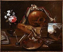 Vanitas con calavera, libros, florero, candelero y objetos del arte de la pintura, de Bernardo Lorente Germán, colección particular, Francia