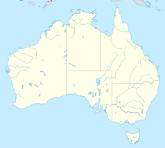 Mapa konturowa Australii, blisko dolnej krawiędzi po prawej znajduje się punkt z opisem „Uniwersytet Tasmański”