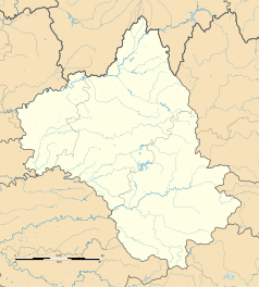 Mapa konturowa Aveyron, po lewej nieco u góry znajduje się punkt z opisem „Decazeville”