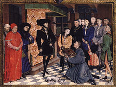 Le duc de Bourgogne Philippe le Bon et son fils Charles reçoivent l'hommage de l'auteur des Chroniques du Hainault (1447).