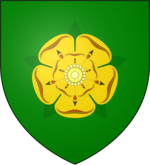 A coat of arms showing a golden rose with five petals on a green field