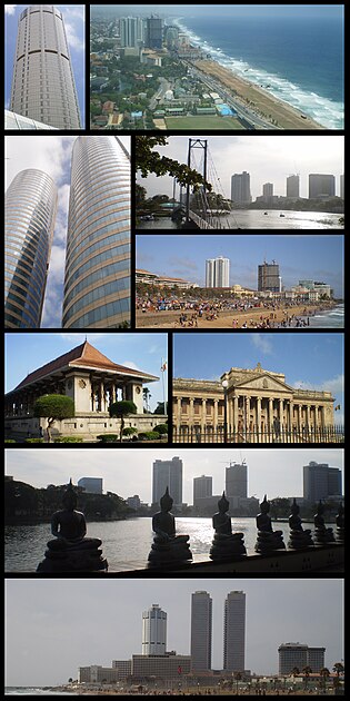 From top left: Colombo skyline, Twin towers of the Colombo World Trade Center with the Bank of Ceylon Headquarters, BMICH, Independence Square, Beira lake bridge, Colombo Town hall and The Colombo Fort