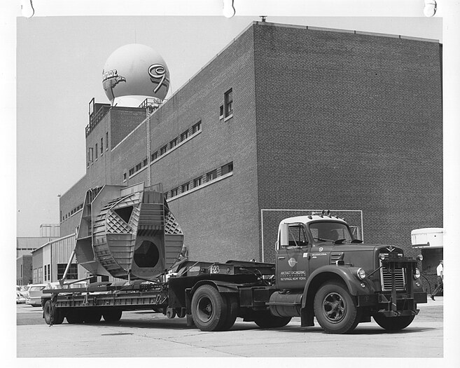 A Lunar Module ascent stage fuselage being transported from Grumman Aircraft Engineering Corporation Plant 5 facility in Bethpage, Long Island, New York.