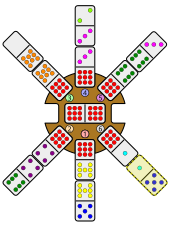 A 1-5 domino is placed leading southeast, matching the free end of the 9-1 domino in the station hub.