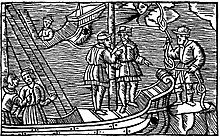 Man on right is selling the wind. First knot light breece, second strong wind, third a storm. In the backround a ship is sinking because the crew didn't believe the magic and open the third knot.