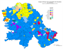 Carte majoritairement bleue mais où apparaissent de nombreuses zones colorées, notamment jaune (Hongrois).