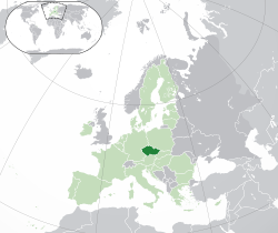 Location of the  Czech Republic  (dark green) – on the European continent  (green & dark grey) – in the European Union  (green)  —  [Legend]