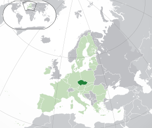 Расположение Чехии (тёмно-зелёный): — в Европе (светло-зелёный и тёмно-серый) — в Европейском союзе (светло-зелёный)