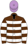 Brown and white hoops, mauve cap