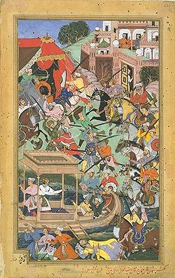 Bajram Ĥan estas murdita de afgano ĉe Patan, 1561, Akbarnama