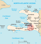 Karta över Haiti med jordbävningens epicentrum markerat.