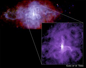 Рентгеновское изображение 3C 58 космическим телескопом «Чандра». Вынесенное изображение показывает внутреннюю туманность в виде тора