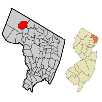 Location of Ramsey in Bergen County highlighted in red (left). Inset map: Location of Bergen County in New Jersey highlighted in orange (right).