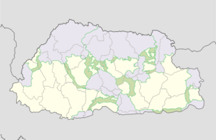 Protected areas of Bhutan in lavender, biological corridors in green.