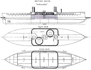 Ritning över det brittiska slagskeppet HMS Inflexible med pansarcitadellet markerat i grått.