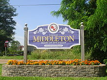 Wooden sign painted in blue and gold surrounded by flowers