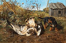 Peinture réaliste représentant au premier plan un chien basset et le cadavre d'un oiseau, à l’arrière plan une cabane rudimentaire de planches vermoulues, dans un cadre champêtre avec ciel bleu pâle sans nuages.