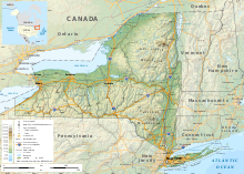 A[പ്രവർത്തിക്കാത്ത കണ്ണി] topographic map of the state of New York, with urban and geographic features marked