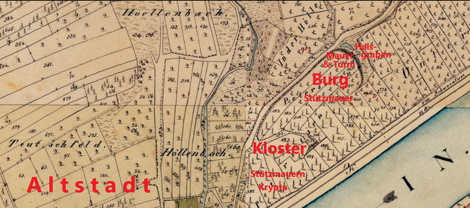 Main mit Peterstirn und den abgegangenen Orten: Altstadt, Benediktinerkloster und Alte Reichsburg, mit Überresten und Fundorten, eingetragen auf einer Karte aus dem 19. Jahrhundert. Die Lage der Markgrafenburg ist unklar (bei Kloster? bei Reichsburg? gemeinsame Burg?)