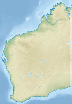 Mapa konturowa Australii Zachodniej, w centrum znajduje się punkt z opisem „źródło”, natomiast po lewej nieco u góry znajduje się punkt z opisem „ujście”