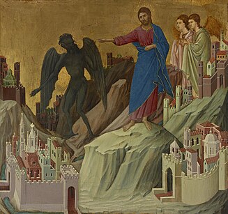 El pintor italià Duccio di Buoninsegna va mostrar Crist expulsant el Diable, mostrat cobert de cabells negres eriçats (1308–11).