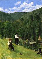 Thomas Pollock Anshutz, The Farmer and His Son at Harvesting, 1879, 61.6 cm (24.25 in.) x 43.82 cm (17.25 in.), olie på lærred. Thomas Pollock Anshutz var lærer for fem medlemmer af Ashcan School.