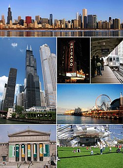 Duke filluar nga lart, nga e majta në të djathtë: Pamje e Çikagos, Qendra e Çikagos, Teatri i Çikagos, Moli "Navy Pier", Parku Millenium, Kulla Willis, Muzeum
