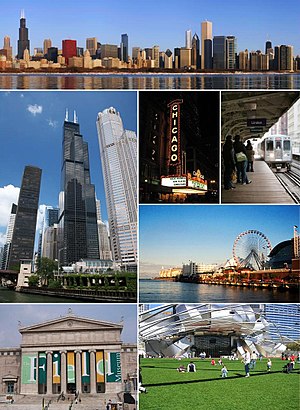 Clockwise from top: Downtown Chicago, the Chicago Theatre, the 'L', Navy Pier, मिलेनियम पार्क, the Field Museum, and the Willis Tower.
