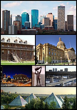 Fan boppe lofts ôf: Sintrum Edmonton, Fort Edmonton Park, Legislative building, Law Courts, Rexall-plein, High Level Bridge, Muttart-kassen
