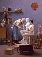 "Kunstnik ja tema modell", 1895, Haggin Museum; Gérôme kujutab ennast vormimas skulptuuri "Tanagra"