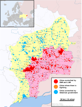 Povstalecká území před ruskou invazí 24. února 2022:      města ovládaná separatistickými republikami      města ovládaná Ukrajinou      města, kde probíhaly boje      území kontrolované Ukrajinou