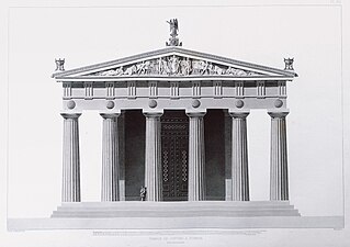 Reconstruction drawing of the facade of the Temple of Zeus, Olympia, Greece, including its pediment, unknown architect or illustrator, c.472-456 BC