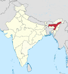 Ligging van Assam in Indië