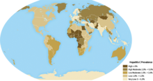 World map showing hepatitis C infection rate by country in 2019