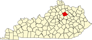 Map of Kentucky highlighting Bourbon County
