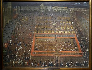Pogled na Plaza Mayor (tdanes Zócalo) (ok. 1695), delo Cristóbal de Villalpando. Delo prikazuje podkraljevo palačo, ki jo je uničil izgred leta 1692 [orsham Court, Anglija[9]