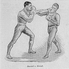 sketch of two young white men in athletic costume, boxing