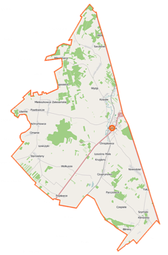 Mapa konturowa gminy Kuźnica, blisko centrum na prawo znajduje się punkt z opisem „Cerkiew w Kuźnicy”
